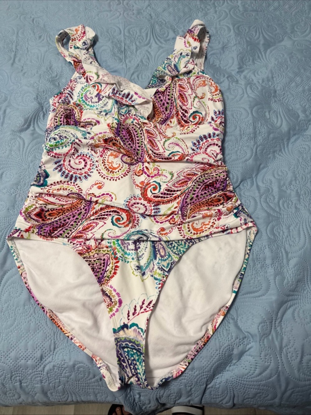Lauren Ralph Lauren White Paisley Ruffle One-Piece Swimsuit A66